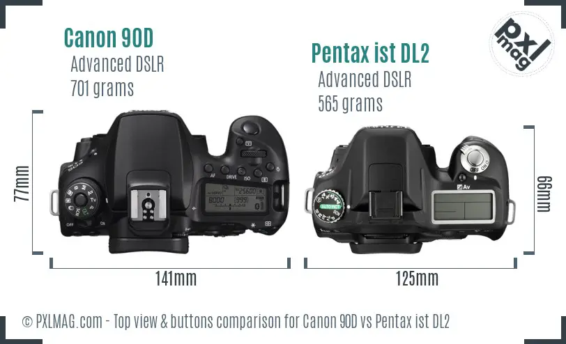 Canon 90D vs Pentax ist DL2 top view buttons comparison