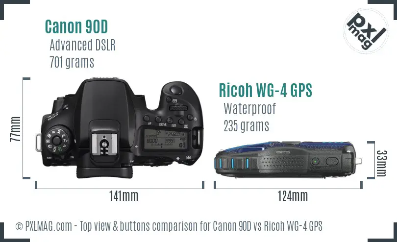 Canon 90D vs Ricoh WG-4 GPS top view buttons comparison Canon 90D vs Ricoh WG-4 GPS top view buttons comparison