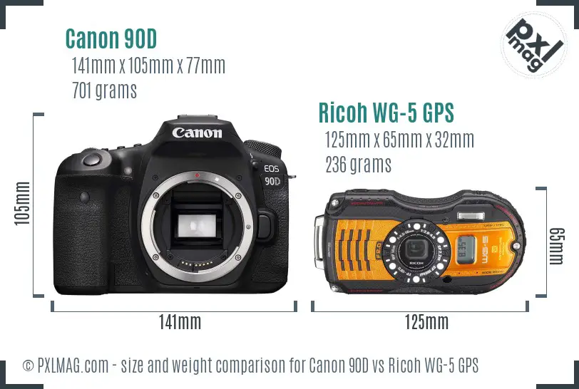 Canon 90D vs Ricoh WG-5 GPS size comparison
