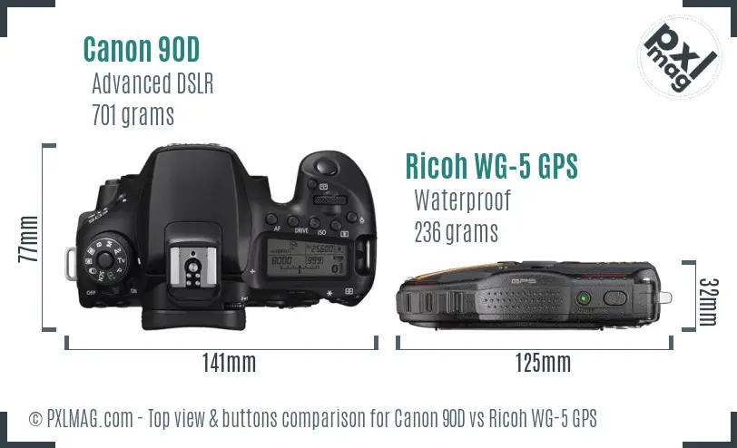 Canon 90D vs Ricoh WG-5 GPS top view buttons comparison