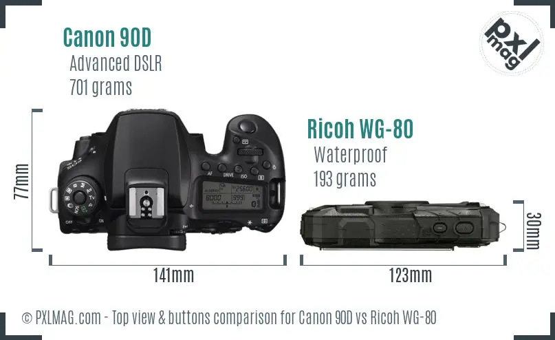 Canon 90D vs Ricoh WG-80 top view buttons comparison Canon 90D vs Ricoh WG-80 top view buttons comparison