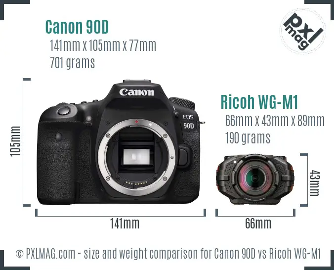 Canon 90D vs Ricoh WG-M1 size comparison