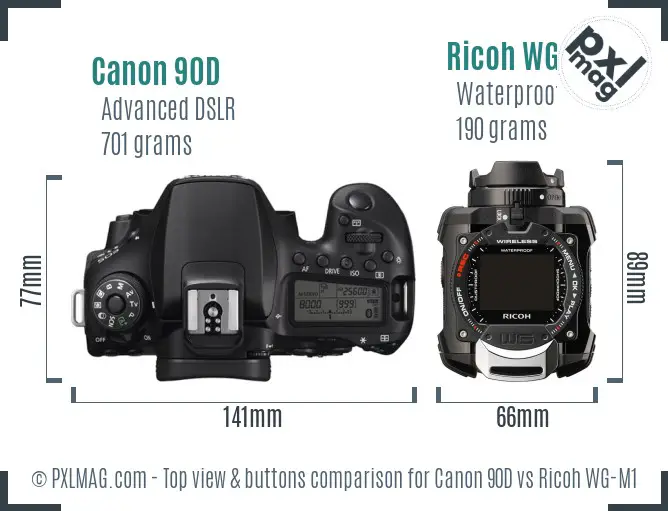 Canon 90D vs Ricoh WG-M1 top view buttons comparison