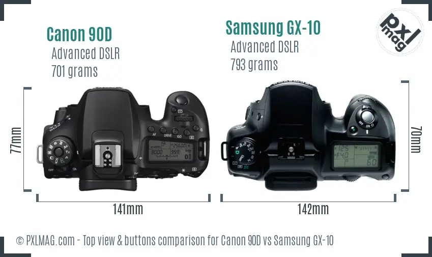 Canon 90D vs Samsung GX-10 top view buttons comparison