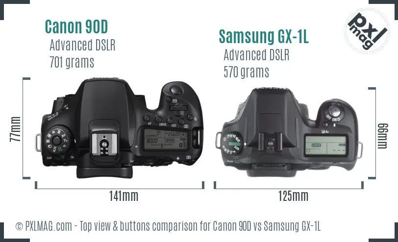 Canon 90D vs Samsung GX-1L top view buttons comparison