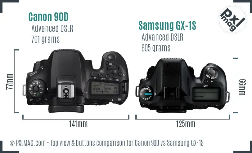 Canon 90D vs Samsung GX-1S top view buttons comparison