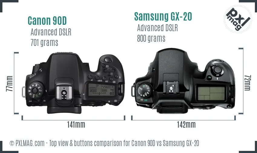 Canon 90D vs Samsung GX-20 top view buttons comparison