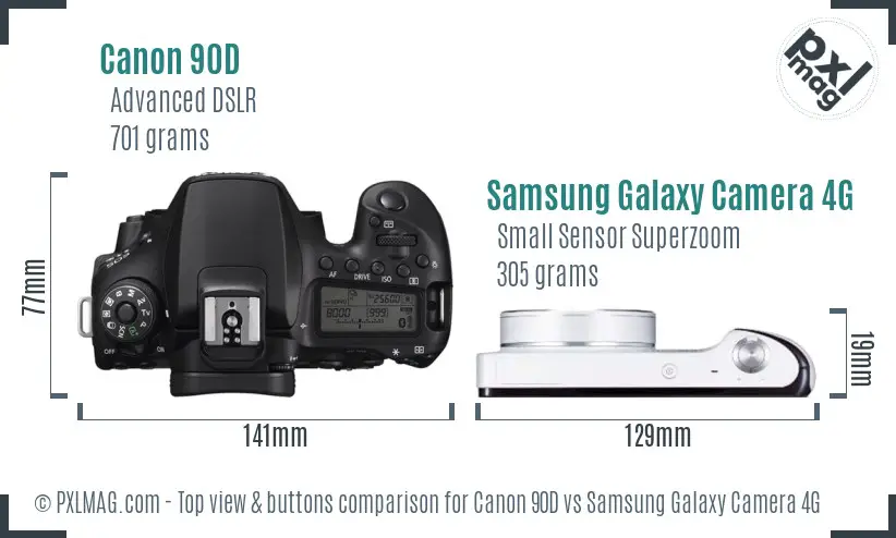 Canon 90D vs Samsung Galaxy Camera 4G top view buttons comparison