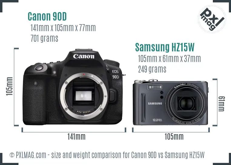 Canon 90D vs Samsung HZ15W size comparison Canon 90D vs Samsung HZ15W size comparison