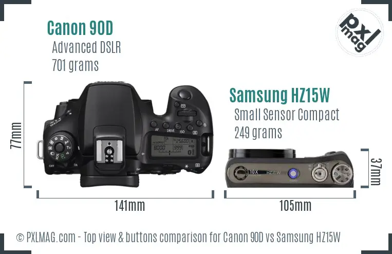 Canon 90D vs Samsung HZ15W top view buttons comparison Canon 90D vs Samsung HZ15W top view buttons comparison
