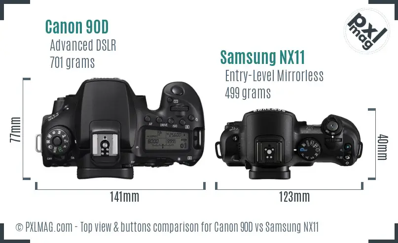 Canon 90D vs Samsung NX11 top view buttons comparison