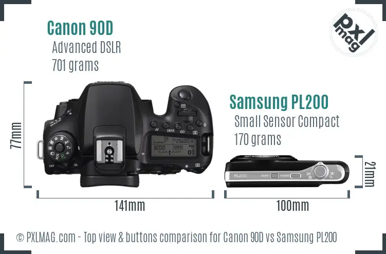 Canon 90D vs Samsung PL200 top view buttons comparison Canon 90D vs Samsung PL200 top view buttons comparison