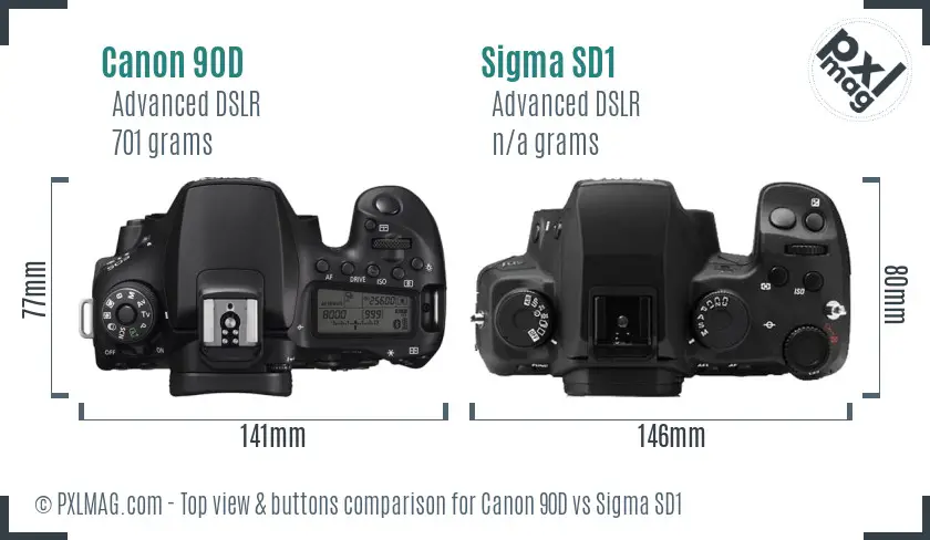 Canon 90D vs Sigma SD1 top view buttons comparison