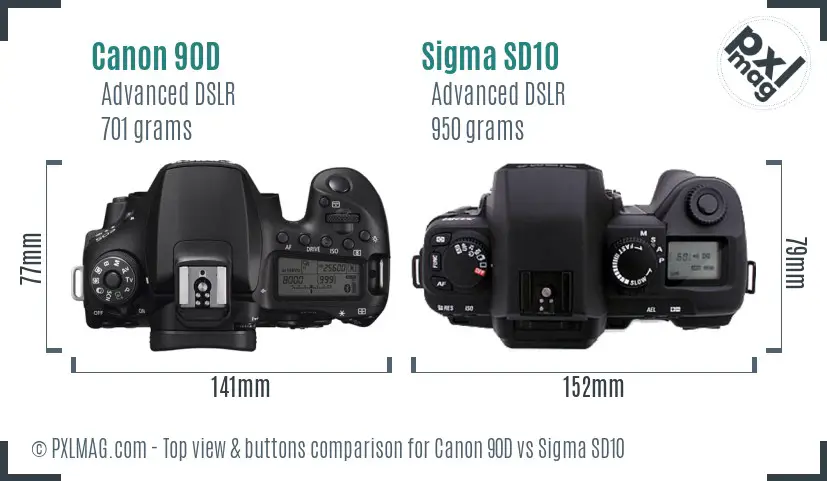 Canon 90D vs Sigma SD10 top view buttons comparison