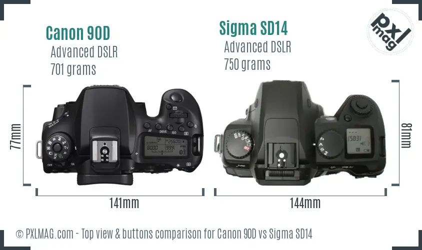 Canon 90D vs Sigma SD14 top view buttons comparison