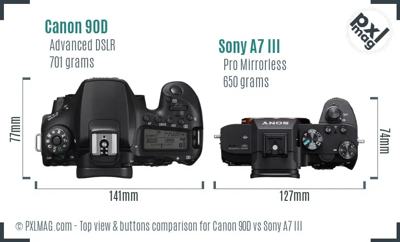 Canon 90D vs Sony A7 III top view buttons comparison