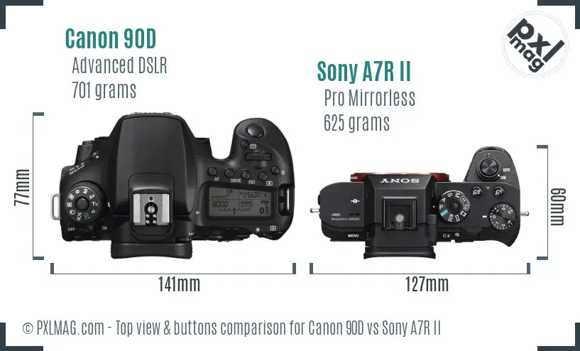 Canon 90D vs Sony A7R II top view buttons comparison Canon 90D vs Sony A7R II top view buttons comparison