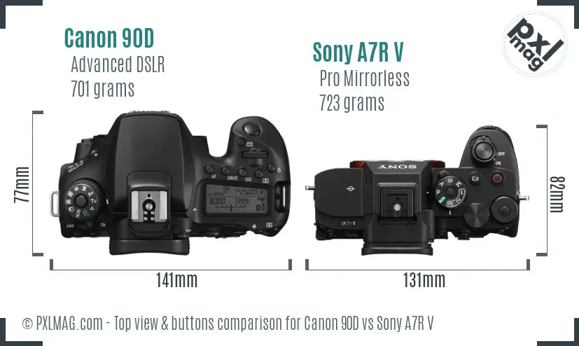 Canon 90D vs Sony A7R V top view buttons comparison Canon 90D vs Sony A7R V top view buttons comparison
