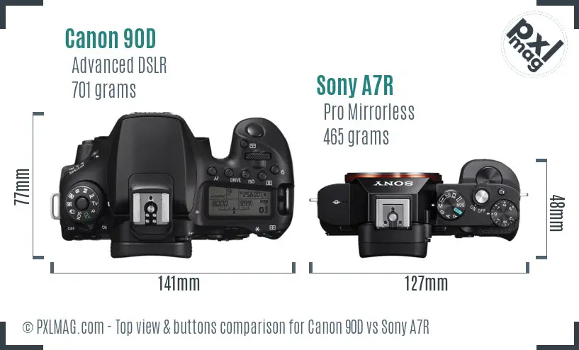 Canon 90D vs Sony A7R top view buttons comparison Canon 90D vs Sony A7R top view buttons comparison