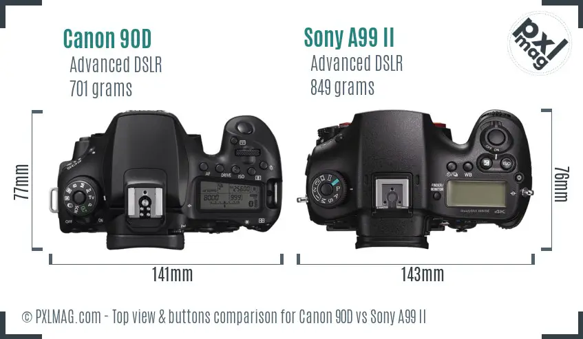 Canon 90D vs Sony A99 II top view buttons comparison