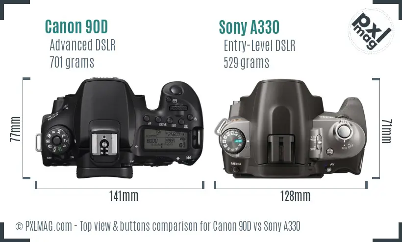 Canon 90D vs Sony A330 top view buttons comparison Canon 90D vs Sony A330 top view buttons comparison