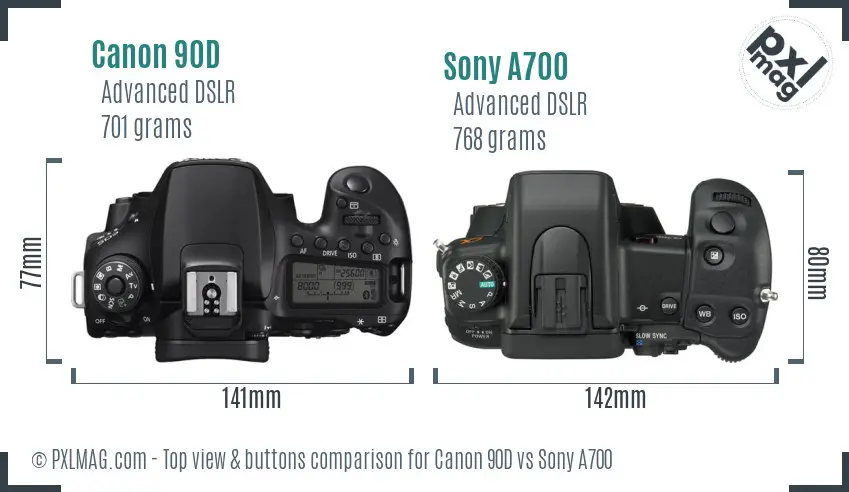 Canon 90D vs Sony A700 top view buttons comparison