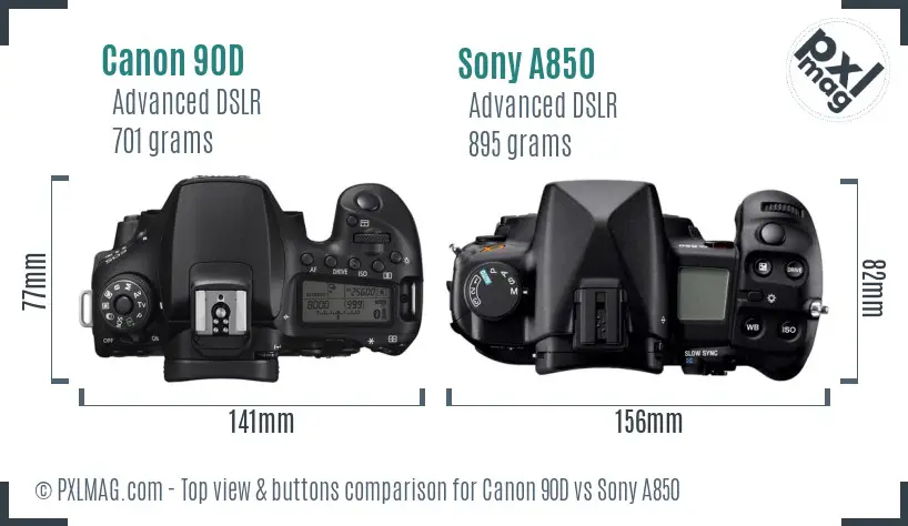Canon 90D vs Sony A850 top view buttons comparison