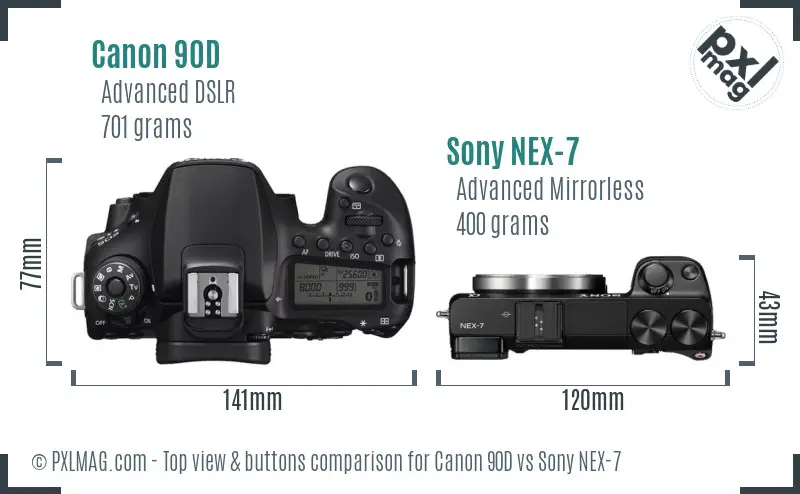 Canon 90D vs Sony NEX-7 top view buttons comparison