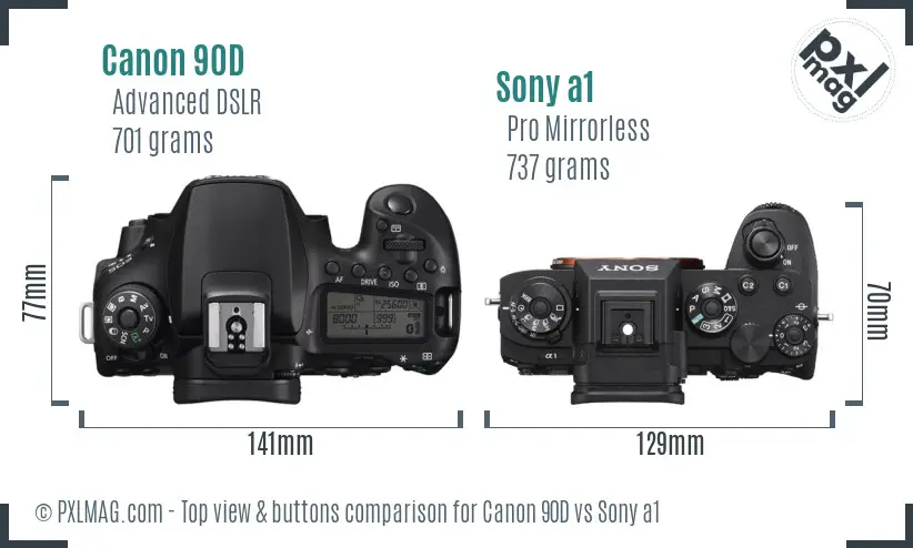 Canon 90D vs Sony a1 top view buttons comparison