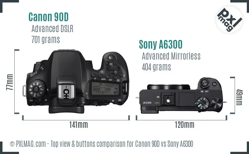 Canon 90D vs Sony A6300 top view buttons comparison Canon 90D vs Sony A6300 top view buttons comparison