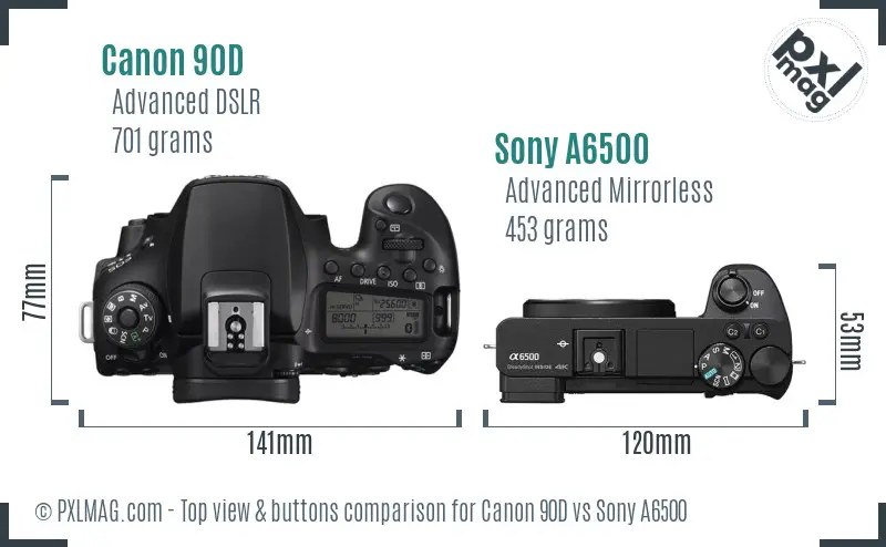 Canon 90D vs Sony A6500 top view buttons comparison Canon 90D vs Sony A6500 top view buttons comparison