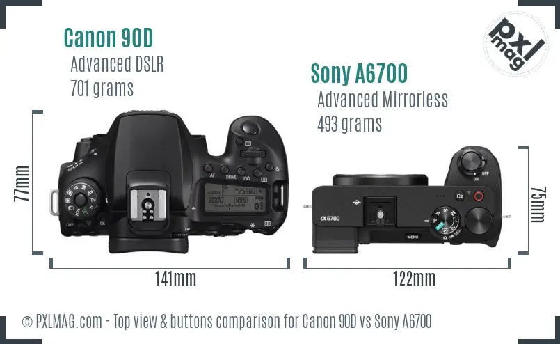 Canon 90D vs Sony A6700 top view buttons comparison Canon 90D vs Sony A6700 top view buttons comparison