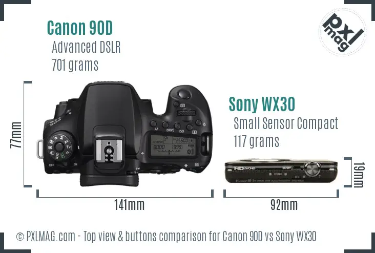Canon 90D vs Sony WX30 top view buttons comparison