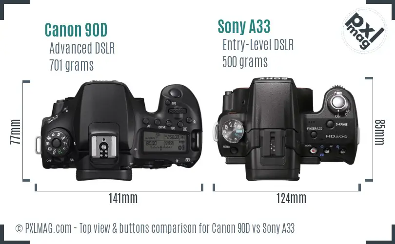 Canon 90D vs Sony A33 top view buttons comparison