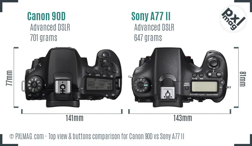Canon 90D vs Sony A77 II top view buttons comparison