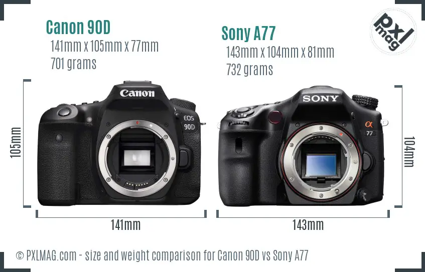 Canon 90D vs Sony A77 size comparison