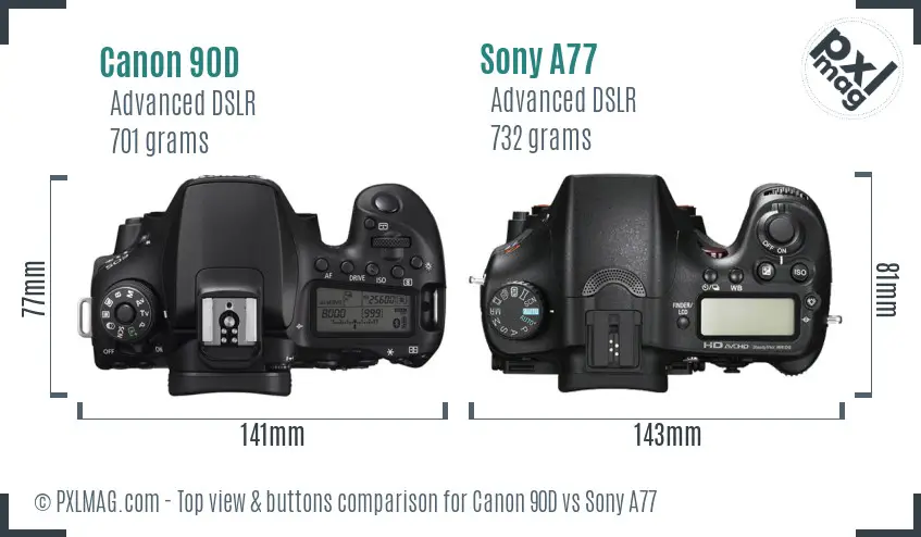 Canon 90D vs Sony A77 top view buttons comparison