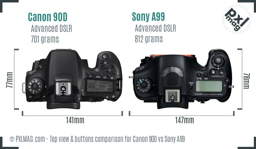 Canon 90D vs Sony A99 top view buttons comparison
