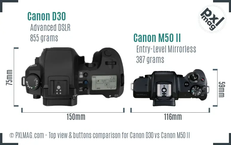 Canon D30 vs Canon M50 II top view buttons comparison