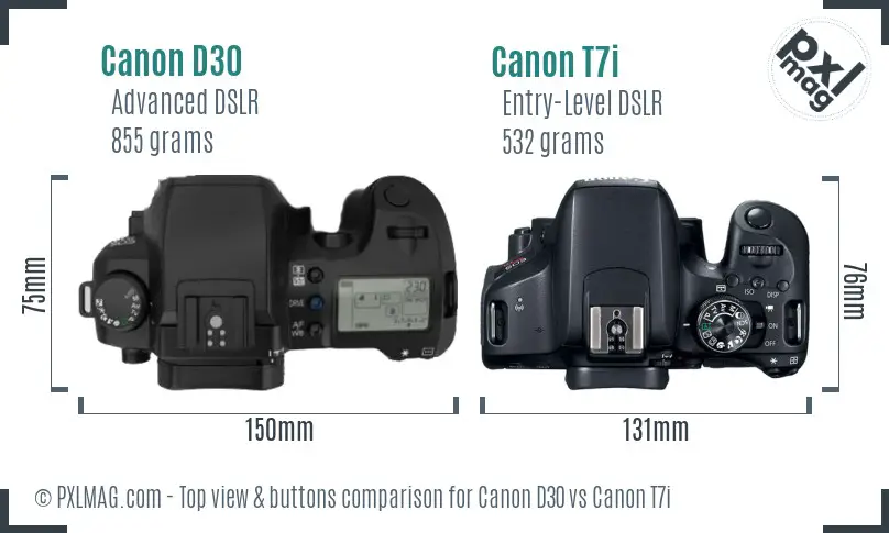 Canon D30 vs Canon T7i top view buttons comparison
