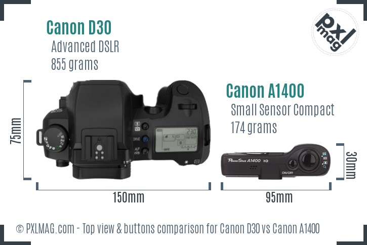 Canon D30 vs Canon A1400 top view buttons comparison