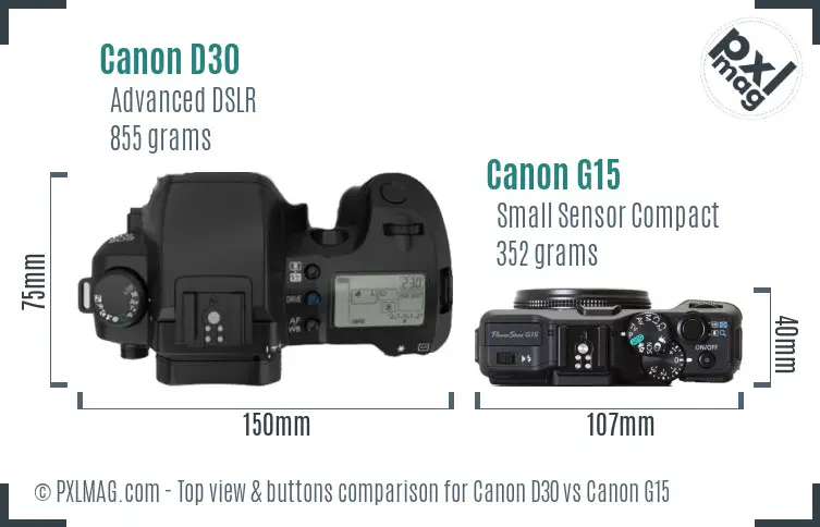 Canon D30 vs Canon G15 top view buttons comparison