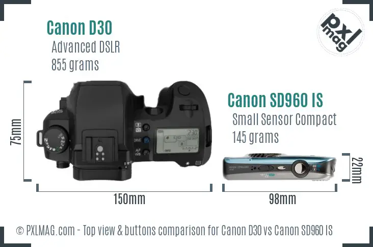 Canon D30 vs Canon SD960 IS top view buttons comparison