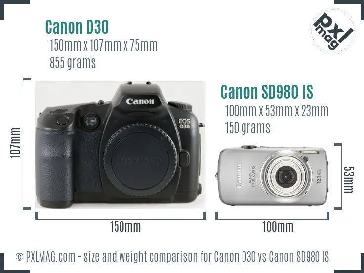Canon D30 vs Canon SD980 IS size comparison