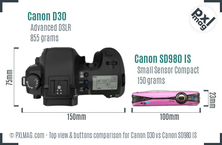 Canon D30 vs Canon SD980 IS top view buttons comparison