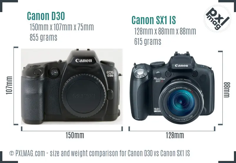 Canon D30 vs Canon SX1 IS size comparison
