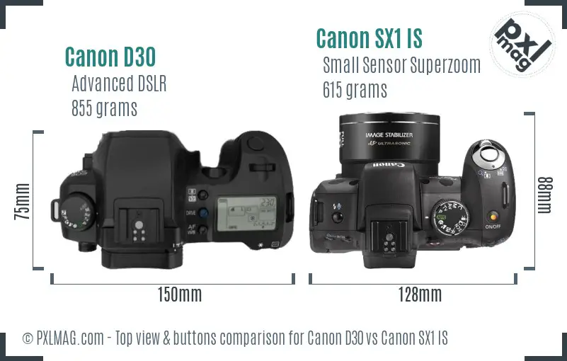 Canon D30 vs Canon SX1 IS top view buttons comparison
