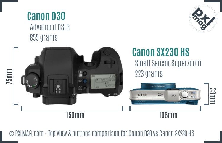 Canon D30 vs Canon SX230 HS top view buttons comparison