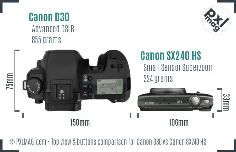 Canon D30 vs Canon SX240 HS top view buttons comparison