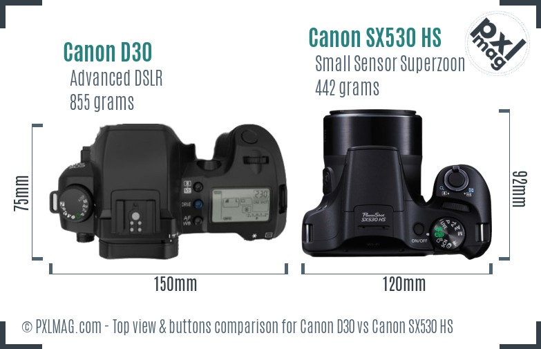 Canon D30 vs Canon SX530 HS top view buttons comparison